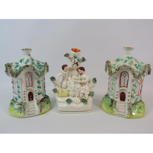 361 - Antique Staffordshire Flatback spill vase and a pair of cottages.