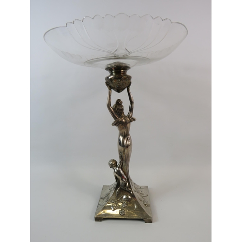 366 - Large Art Nouveau figural centre piece fruit bowl stand. Requires new bolt to fix top.