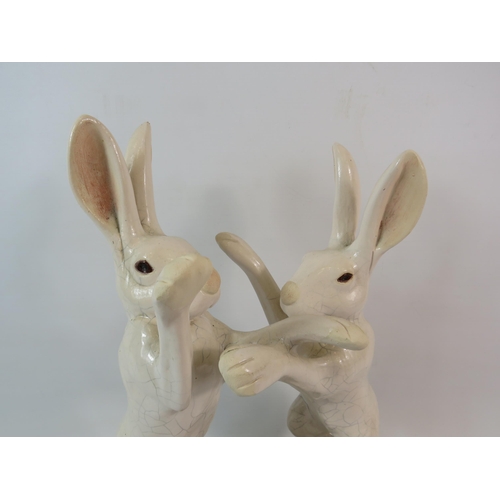 60 - John Hine Raku Boxing Hares figurine approx 14