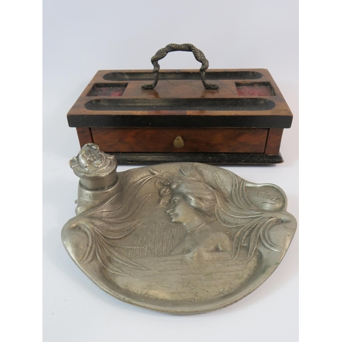 73 - Art Nouveau inkwell dish signed N Vidal plus a vintage wooden inkwell stand desk tidy.