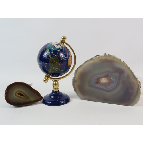 80 - Small globe inlaid with semi precious stones and 2 Agate stone slices.
