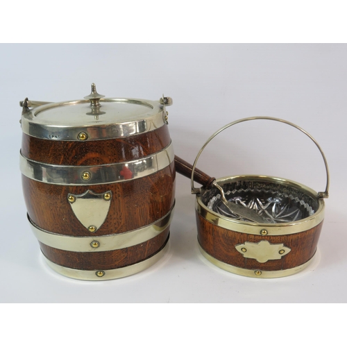 81 - Oak and silver plate barrel ice bucket plus a matching basket.