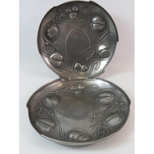85 - 2 Pewter Art Nouveau style dishes makers mark to the back approx 9