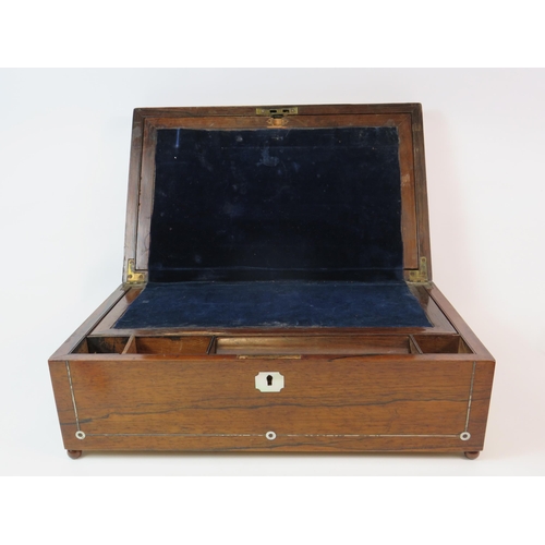 86 - Vintage wooden writing box standing on bun feet and inlaid with mother of pearl. 16