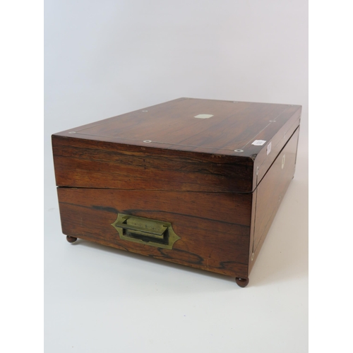 86 - Vintage wooden writing box standing on bun feet and inlaid with mother of pearl. 16