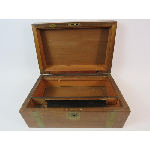 91 - Vintage wooden writing box with brass inlay it does require some restoration.