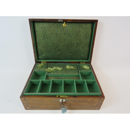 97 - Vintage wooden sewing box with mother pearl inlay and key.