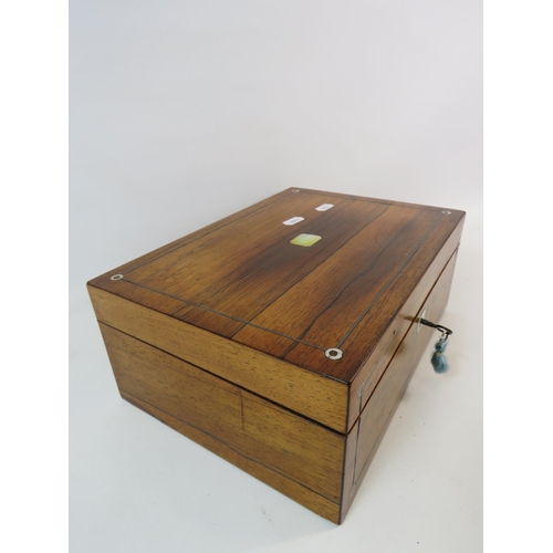 97 - Vintage wooden sewing box with mother pearl inlay and key.
