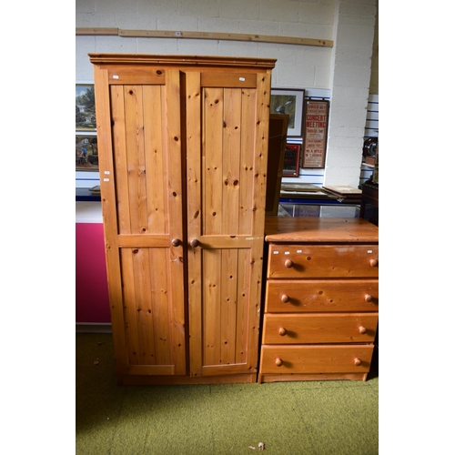 820 - Four drawer pine chest plus a good sized pine double fronted wardrobe which measures H:7 X W:34 X D:... 