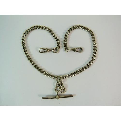 207 - Silver watch chain with tee bar, Clasps both ends.  16 inches long.   35g