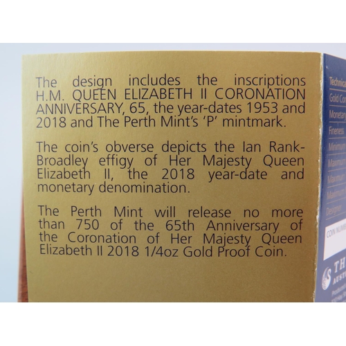 218 - Royal Mint of Australia, Perth Mint, 1/4 OZ 99.99 gold grade (24ct) Mint proof 65th Anniversary coin... 