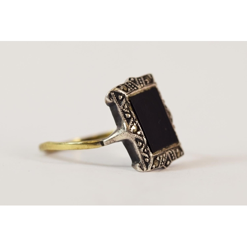 220 - Stylish Square Onyx set ring with Silver Marcasite mount. 9ct Yellow gold shank. Finger size 'N'   3... 