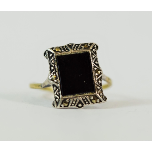 220 - Stylish Square Onyx set ring with Silver Marcasite mount. 9ct Yellow gold shank. Finger size 'N'   3... 