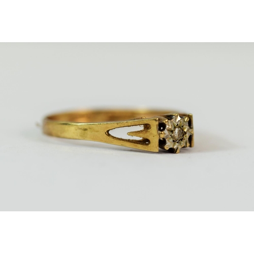 222 - 9ct Yellow Gold ring with an Illusion set Solitaire Diamond of 0.05pts.   Finger size 'Q-5'   1.6g