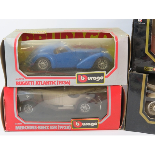 544 - 5 Burago Vehicles 1:18 & 1:24 scale for are boxed but the boxes are Tatty.