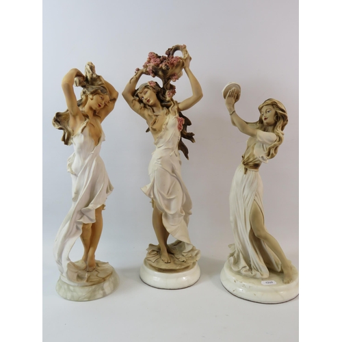 582 - 3 Classical dancing lady figurines stood on marble bases. 16.5