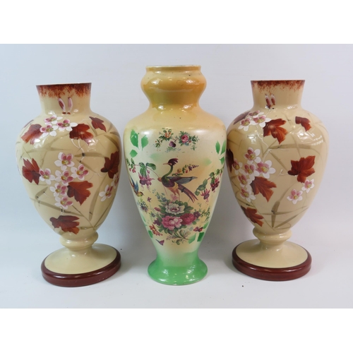 589 - Pair of Victorian hand painted opaque / milk glass vases plus one transfer print blushware vase. App... 