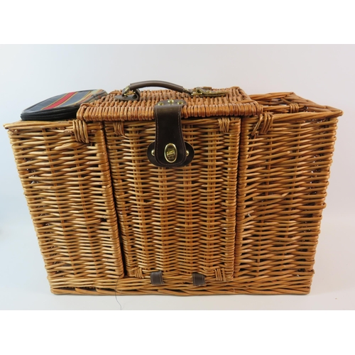 592 - Good quality wicker picnic basket with double bottle holder, cutlery, glasses, cool bag etc.