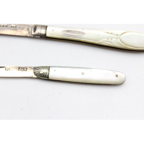 314 - 2 x Antique Hallmarked .925 STERLING SILVER Knives w/ MOP Handles (30g)    556584