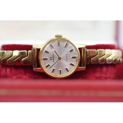 226A - Ladies Omega watch in running order with original box and paperwork. Gold tone bezel and expanding s... 