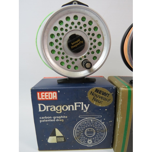 1073 - Leeda Carbon Graphite Dragonfly regular 80 fly reel plus two Abu Garcia Diplomat 278 reels. All with... 