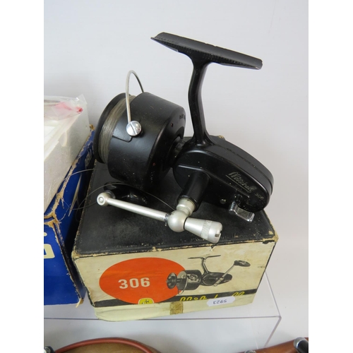 1076 - Abu 506, Mitchell 306, Pflueger Pelican spinning reel, all with original but tatty boxes plus a Mast... 