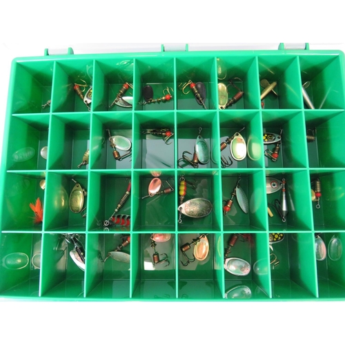 1090 - Three boxes of assorted fishing lures and spinners. See photos.