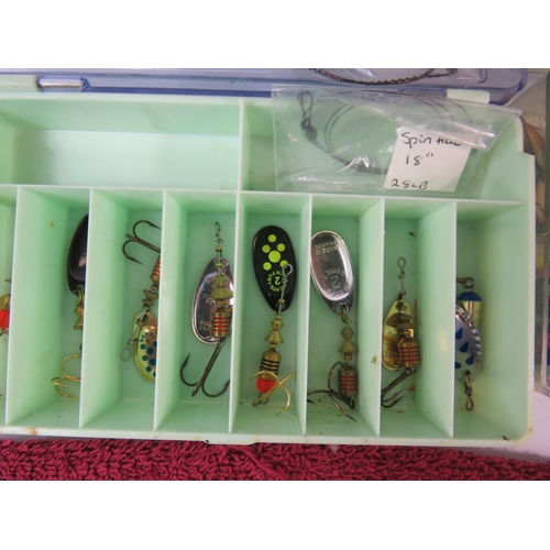 1090 - Three boxes of assorted fishing lures and spinners. See photos.