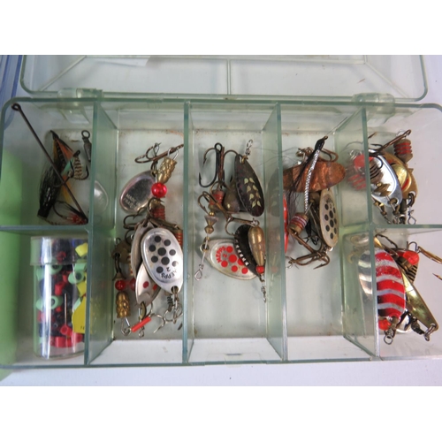 1090 - Three boxes of assorted fishing lures and spinners. See photos.