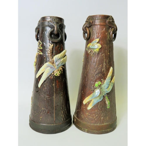 15 - Near Pair of Victorian Bretby Tree bark Vases, 10.5 inches tall. Decorated by Enamelled figures of l... 