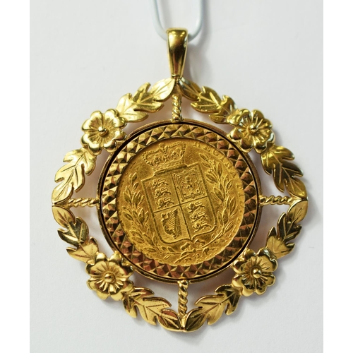 220 - 1864 Victorian Gold Sovereign pendant set in a Rose & leaf 9ct mount. William Wyon/John Baptise Merl... 