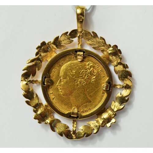 220 - 1864 Victorian Gold Sovereign pendant set in a Rose & leaf 9ct mount. William Wyon/John Baptise Merl... 