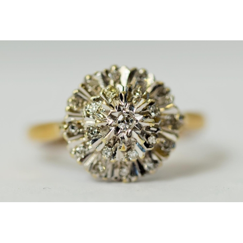 223 - 9ct Gold, Set with Multi Diamonds on a Starburst mount.   Finger size 'P-5'  3.5g