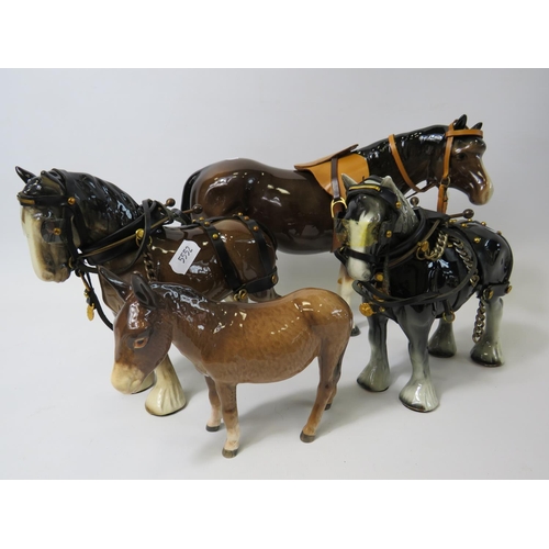 44 - Beswick Donkey with Oval base stamp. Unmarked shire horses with tack plus a Melba ware riding pony (... 