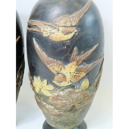 46 - Two Early 20th Century (1910)  Bretby vases in the Clanta ware design. Each showing Bluebirds over w... 