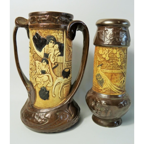 72 - Early Bretby oriental style twin handled Art nouveau 'Bamboo' style vase plus one other .