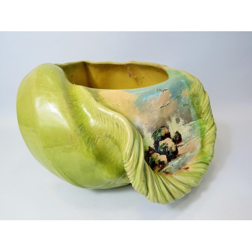 78 - Large late Victorian Bretby planter as a sea shell in green glaze. One side shows a hand painted sea... 