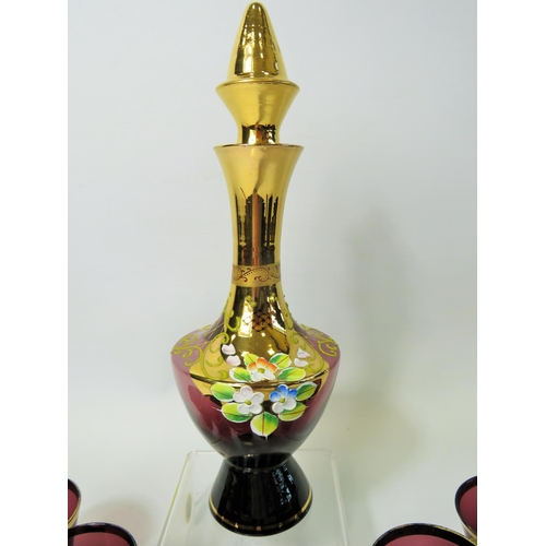 90 - Very pretty Bohemian glass liquour set all hand enamelled. Decanter measures 10 inches tall. See pho... 