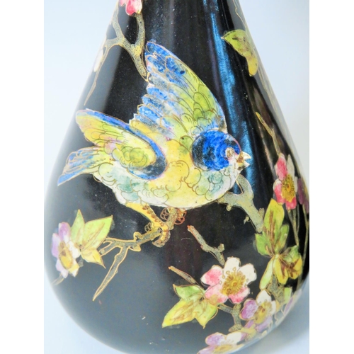 97 - Very pretty pair of Late Victorian vases by Bretby, Hand decorated in Enamel showing birds and flowe... 