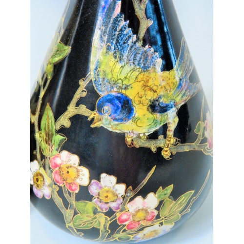 97 - Very pretty pair of Late Victorian vases by Bretby, Hand decorated in Enamel showing birds and flowe... 