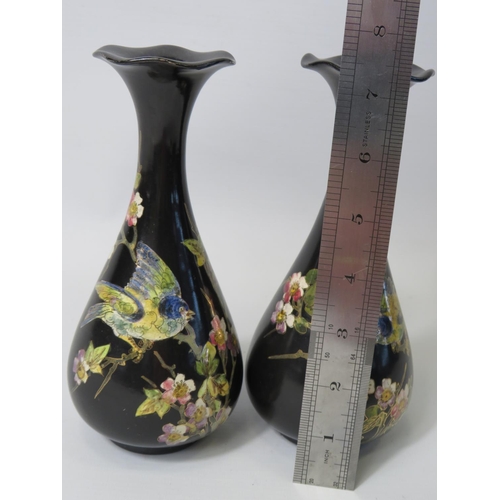 97 - Very pretty pair of Late Victorian vases by Bretby, Hand decorated in Enamel showing birds and flowe... 