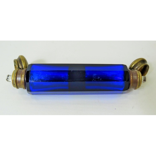 116 - Antique Bristol Blue double ended scent bottle with original glass stoppers under hinged brass lids.... 