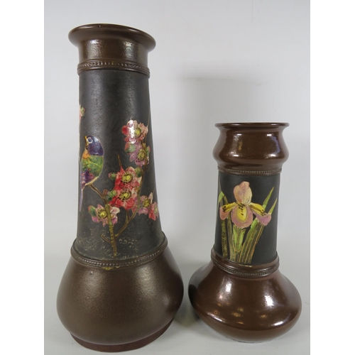 165 - 2 Copper effect Bretby art pottery vases decorated with birds and flowers.