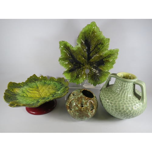 170 - 4 Pieces of Bretby art pottery 1 majolica style leaf comport, a leaf plate and 2 vases.