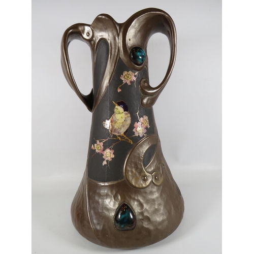 172 - Art nouveau Jewelled and bronze effect Bretby art pottery vase hand painted with birds and flowers, ... 