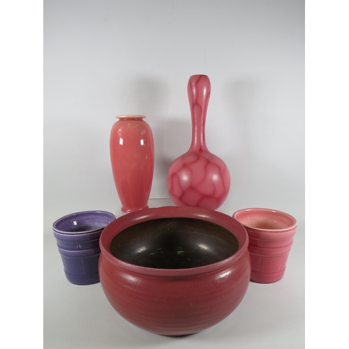 176 - 5 Pieces of Bretby art pottery pink and purple in colour.