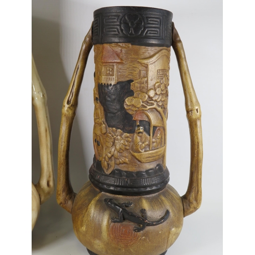 191 - Near pair of large Bretby art pottery vases a with oriental design, approx 15