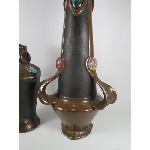 193 - Art Nouveau Jewelled and bronze bretby vases the tall of the 2 has got damage see pictures.