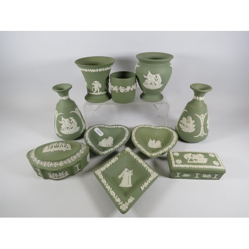 194 - Selection of green Wedgwood Jasperware, trinkets, vases etc.