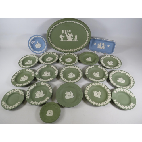 195 - Selection of mainly green Wedgwood Jasperware, pin dishes, ashtrays and a plaque etc.